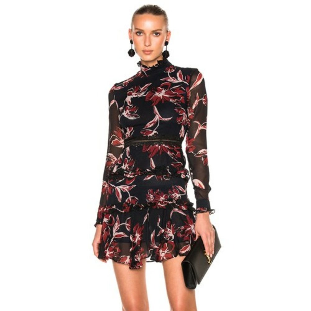 Nicholas French Floral Mini Dress, Red/Black, Size 4